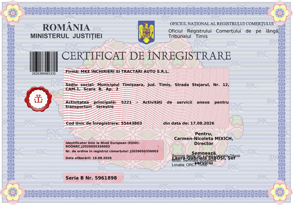Certificat de înregistrare emis de Oficiul Registrului Comerțului de pe lângă Tribunalul Timiș pentru MKE Închirieri și Tractări Auto S.R.L., CUI 55443803