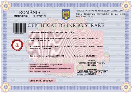 Certificat de înregistrare la Registrul Comerțului